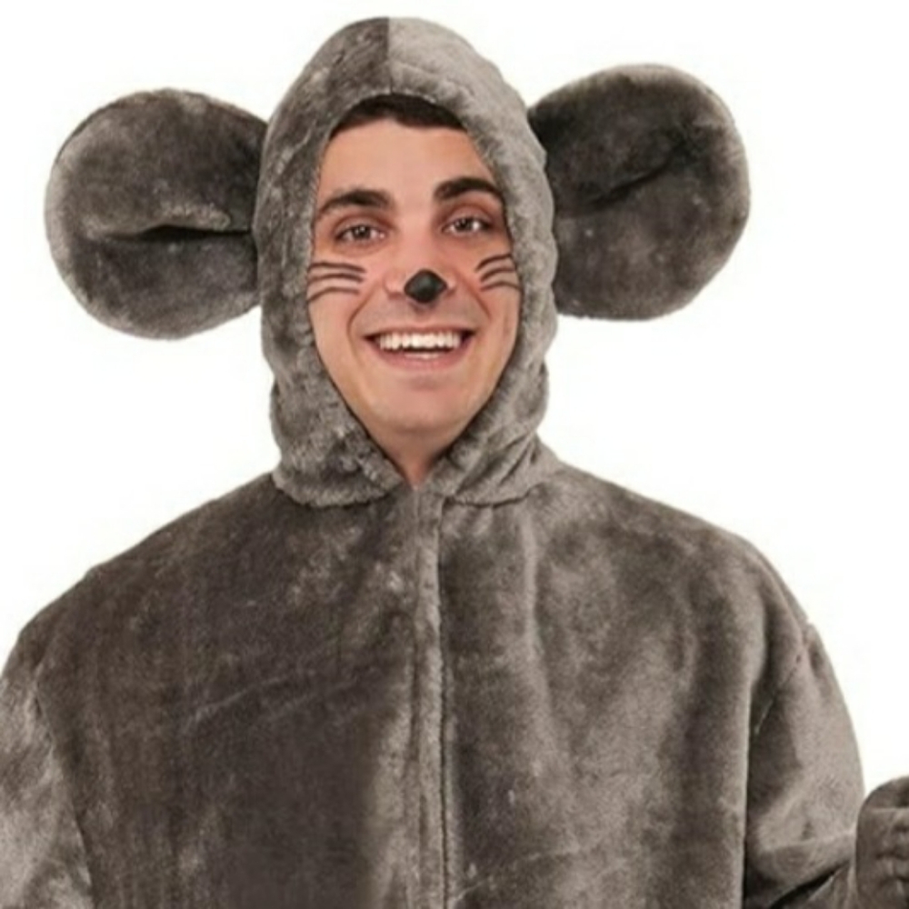 Mouse mascot plush jumpsuit with attached hood and tail. Standard Size.